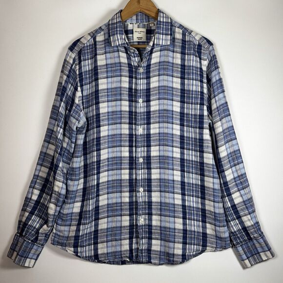 Murano Slim Fit Baird McNutt Linen Shirt Mens Large Blue White Plaid Button Up - Picture 1 of 12